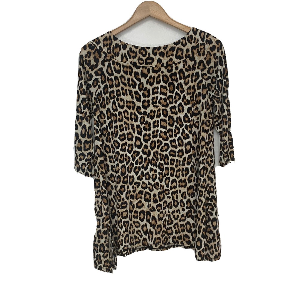 Chicos 0 Tunic Top Brown Leopard Print Boat Neck Small Stretch Knit Casual